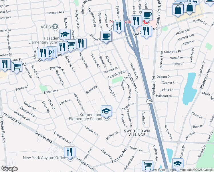 map of restaurants, bars, coffee shops, grocery stores, and more near 29 Meryll Place in Plainview