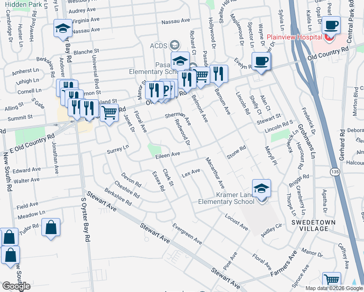 map of restaurants, bars, coffee shops, grocery stores, and more near 30 Lane Avenue in Plainview