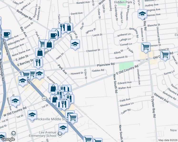 map of restaurants, bars, coffee shops, grocery stores, and more near 4 Gables Road in Hicksville