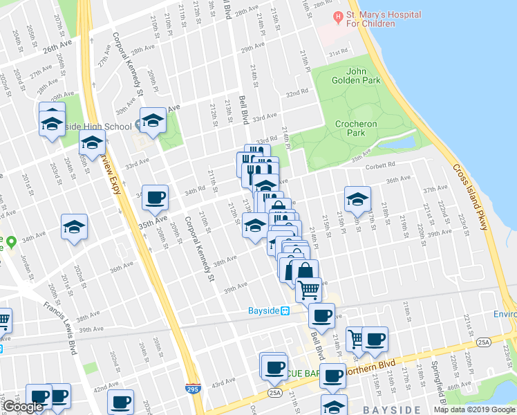map of restaurants, bars, coffee shops, grocery stores, and more near 35-13 Bell Boulevard in Queens