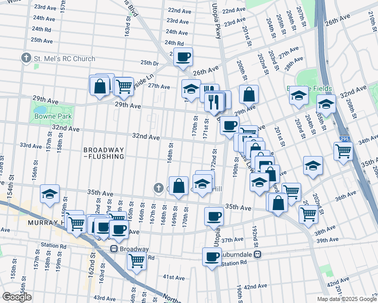map of restaurants, bars, coffee shops, grocery stores, and more near 169-20 32nd Avenue in Queens