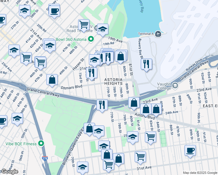 map of restaurants, bars, coffee shops, grocery stores, and more near in Queens