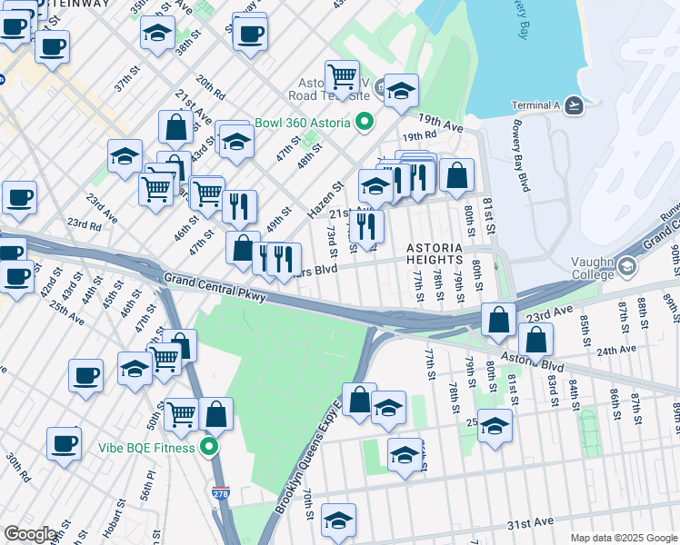 map of restaurants, bars, coffee shops, grocery stores, and more near 73-05 Ditmars Boulevard in Queens