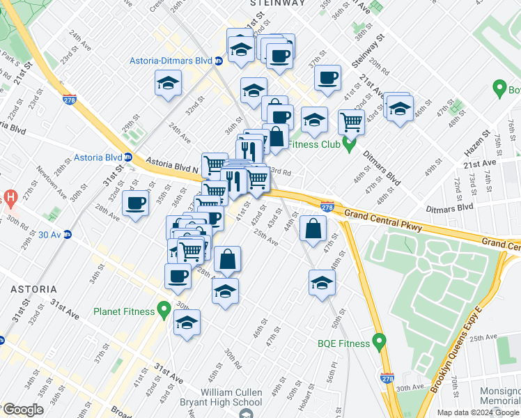 map of restaurants, bars, coffee shops, grocery stores, and more near 41-02 Astoria Boulevard South in Queens