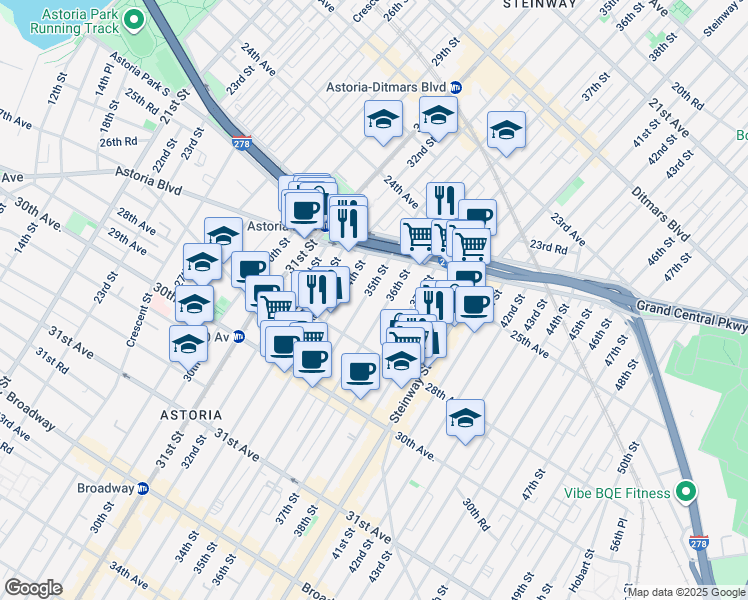 map of restaurants, bars, coffee shops, grocery stores, and more near 25-37 35th Street in Queens
