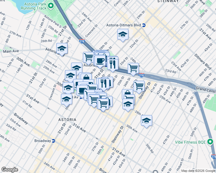 map of restaurants, bars, coffee shops, grocery stores, and more near 25-48 34th Street in Queens