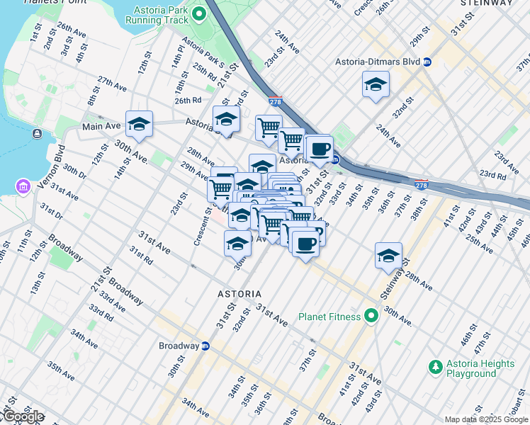 map of restaurants, bars, coffee shops, grocery stores, and more near 29-28 Newtown Avenue in Queens