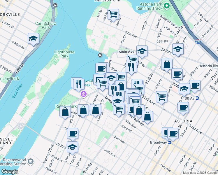 map of restaurants, bars, coffee shops, grocery stores, and more near 11-21 31st Drive in Queens