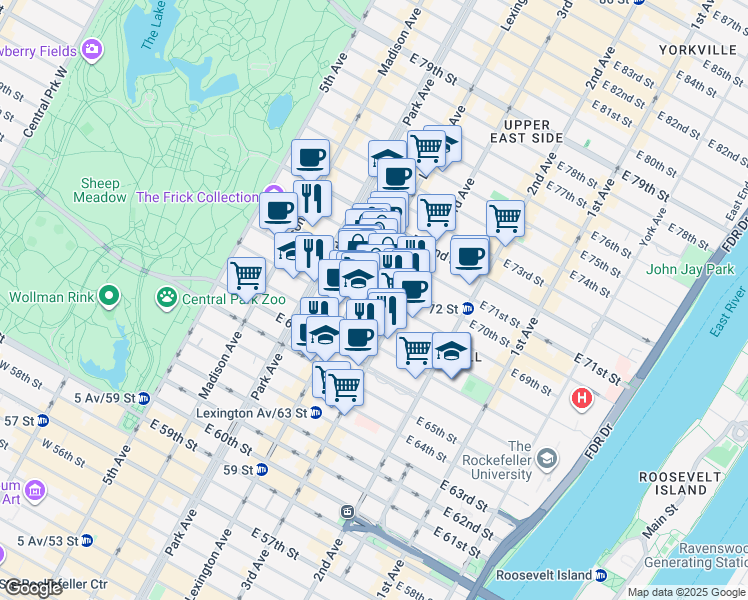 map of restaurants, bars, coffee shops, grocery stores, and more near 958 Lexington Avenue in New York