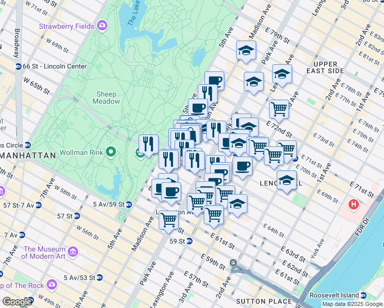 map of restaurants, bars, coffee shops, grocery stores, and more near 786 Madison Avenue in New York