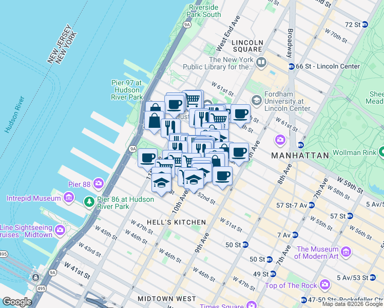 map of restaurants, bars, coffee shops, grocery stores, and more near 520 West 55th Street in New York