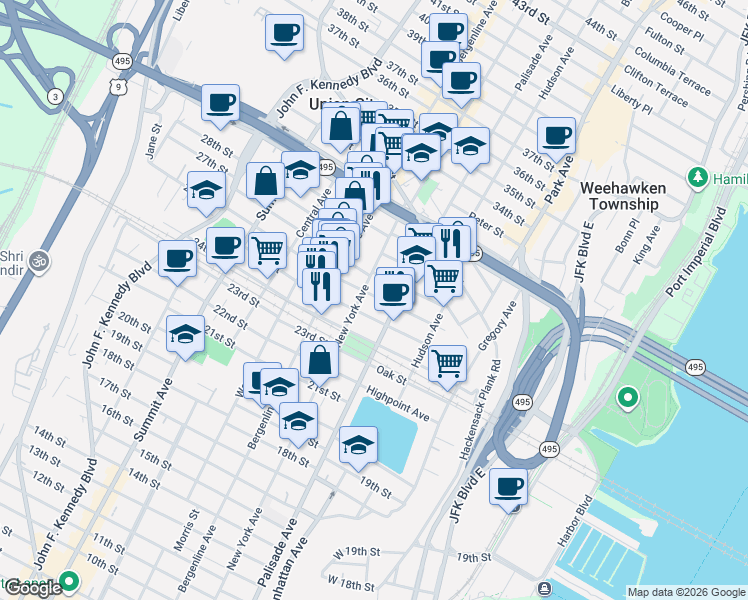map of restaurants, bars, coffee shops, grocery stores, and more near 311 27th Street in Union City