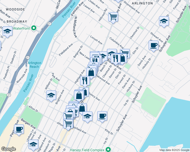 map of restaurants, bars, coffee shops, grocery stores, and more near in Kearny