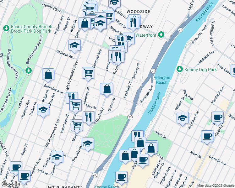 map of restaurants, bars, coffee shops, grocery stores, and more near 529 Broadway in Newark