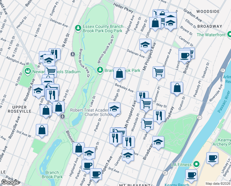 map of restaurants, bars, coffee shops, grocery stores, and more near 448 Ridge Street in Newark
