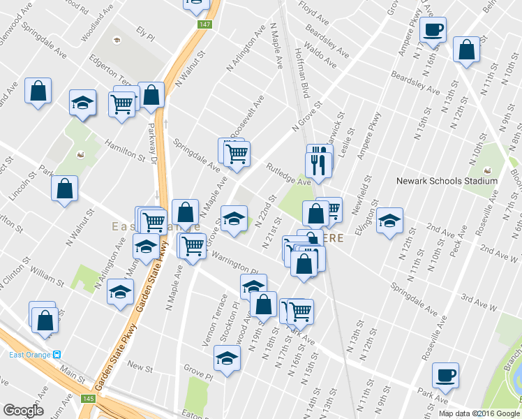 map of restaurants, bars, coffee shops, grocery stores, and more near 410 North Grove Street in East Orange