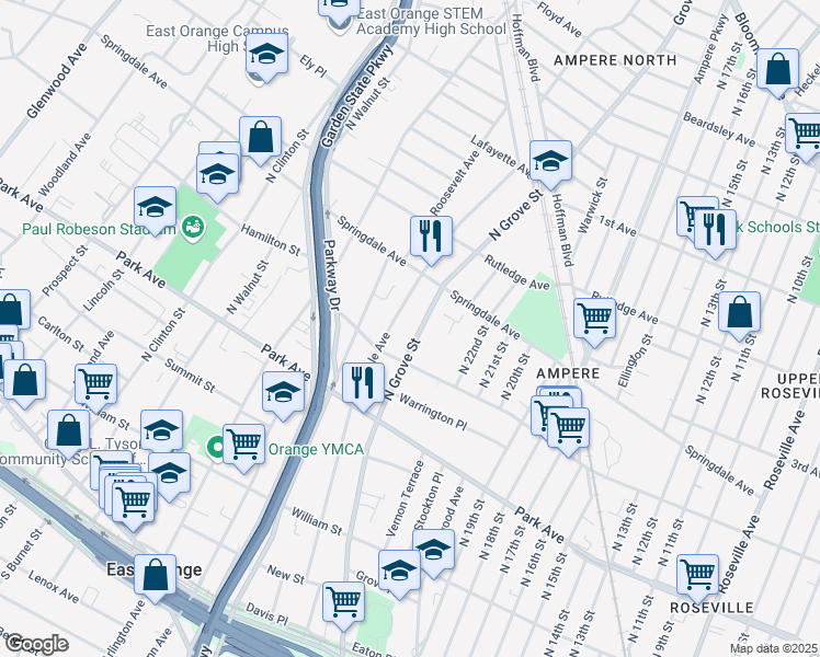 map of restaurants, bars, coffee shops, grocery stores, and more near 403 North Grove Street in East Orange