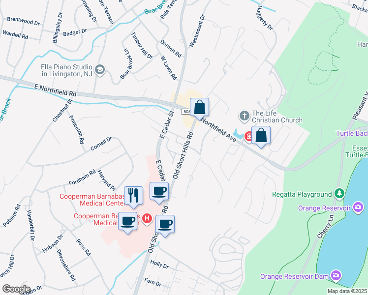 map of restaurants, bars, coffee shops, grocery stores, and more near 38 Old Short Hills Road in Livingston