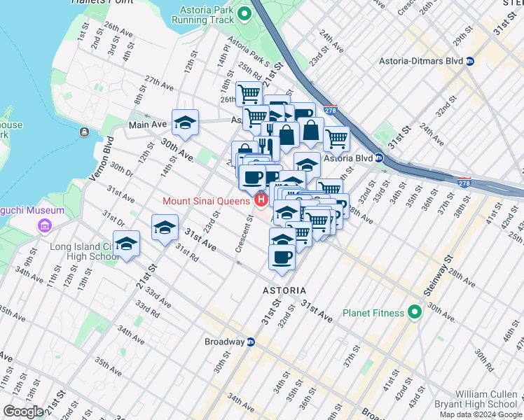 map of restaurants, bars, coffee shops, grocery stores, and more near 25-10 30th Avenue in Queens