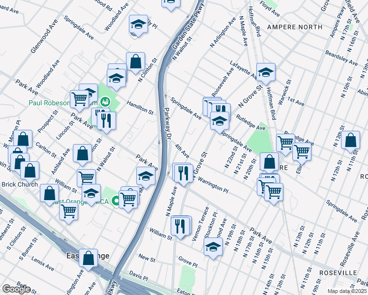 map of restaurants, bars, coffee shops, grocery stores, and more near 327 North Maple Avenue in East Orange