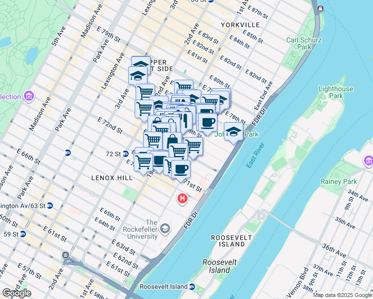map of restaurants, bars, coffee shops, grocery stores, and more near 429 East 73rd Street in New York