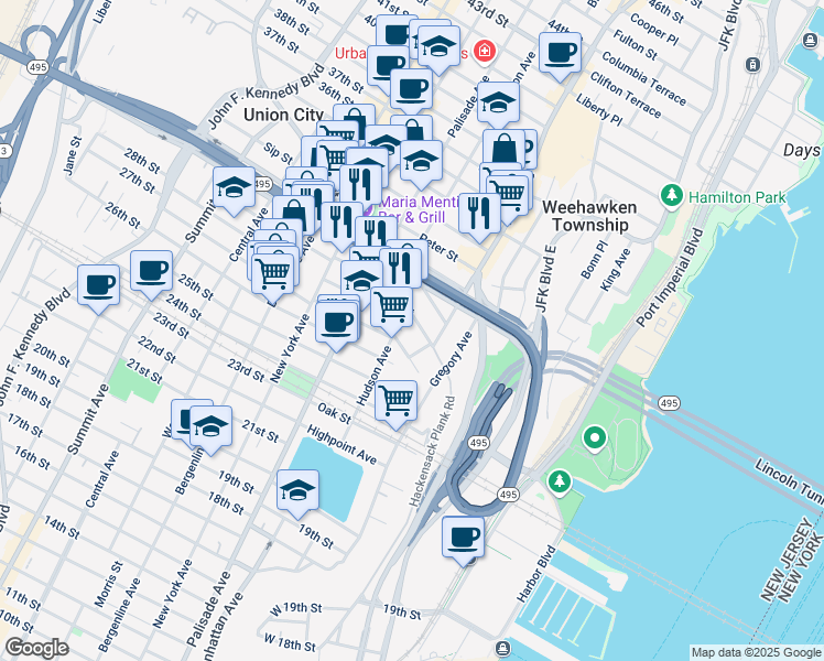 map of restaurants, bars, coffee shops, grocery stores, and more near 562 Hudson Avenue in Weehawken