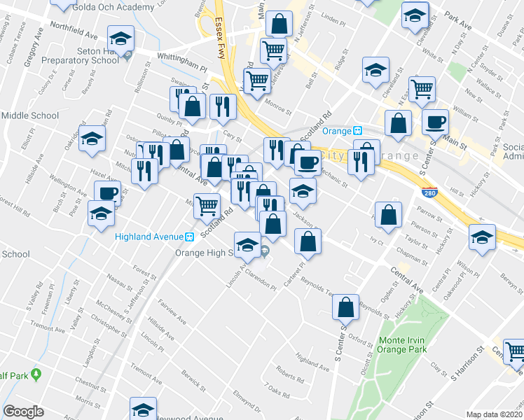 map of restaurants, bars, coffee shops, grocery stores, and more near 445 Central Avenue in City of Orange