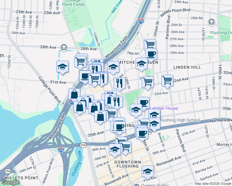 map of restaurants, bars, coffee shops, grocery stores, and more near 31-36 137th Street in Queens