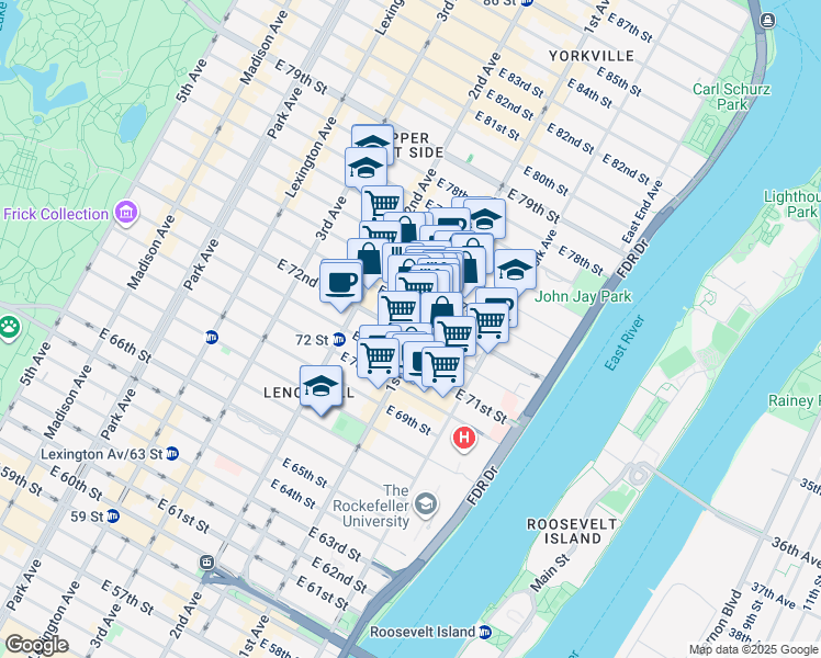 map of restaurants, bars, coffee shops, grocery stores, and more near 355 East 72nd Street in New York