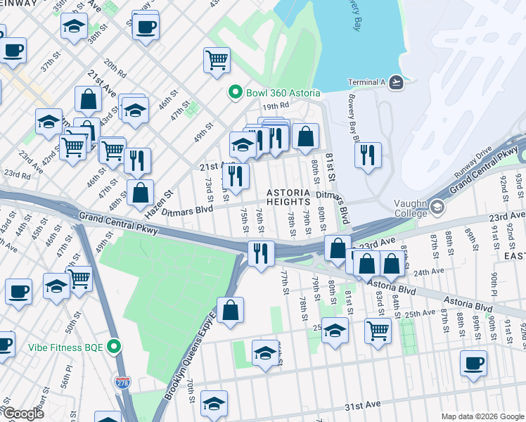 map of restaurants, bars, coffee shops, grocery stores, and more near 22-9 76th Street in Queens
