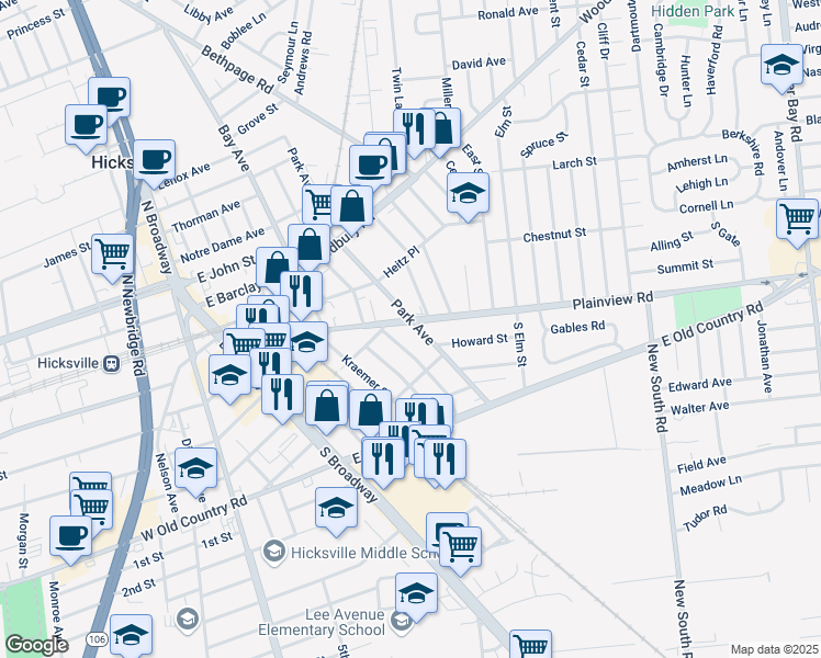 map of restaurants, bars, coffee shops, grocery stores, and more near 158 Plainview Road in Hicksville