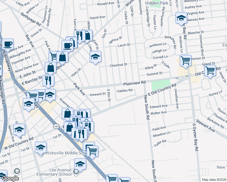 map of restaurants, bars, coffee shops, grocery stores, and more near 4 Gables Road in Hicksville