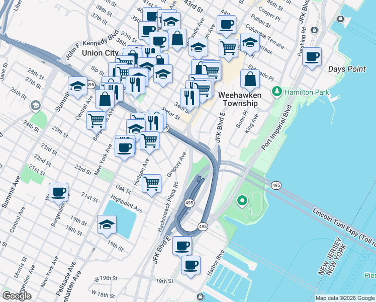 map of restaurants, bars, coffee shops, grocery stores, and more near in Weehawken Township