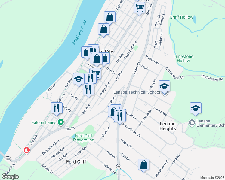 map of restaurants, bars, coffee shops, grocery stores, and more near 902 7th Avenue in Ford City