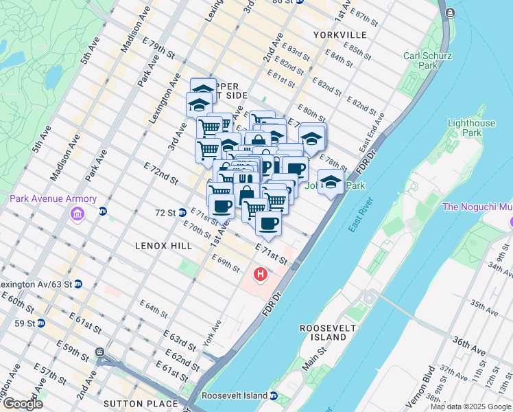 map of restaurants, bars, coffee shops, grocery stores, and more near 419 East 73rd Street in New York