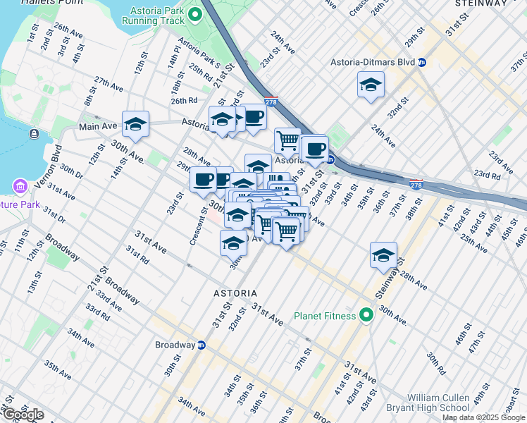 map of restaurants, bars, coffee shops, grocery stores, and more near 28-16 30th Street in Queens
