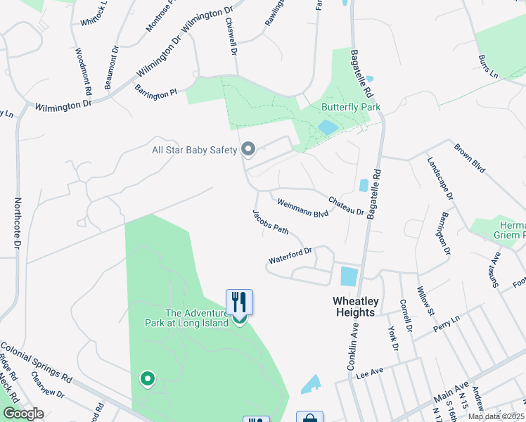 map of restaurants, bars, coffee shops, grocery stores, and more near 56 Chateau Drive in Melville