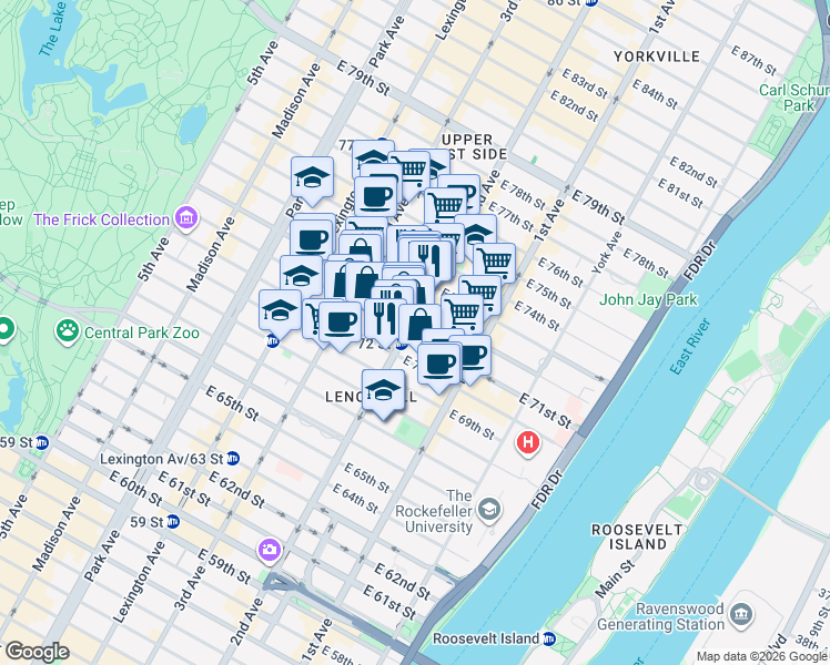 map of restaurants, bars, coffee shops, grocery stores, and more near 311 East 71st Street in New York