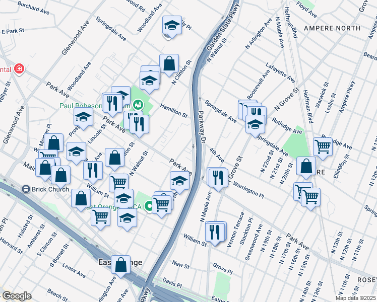 map of restaurants, bars, coffee shops, grocery stores, and more near 234 North Arlington Avenue in East Orange