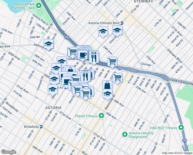 map of restaurants, bars, coffee shops, grocery stores, and more near 25-48 34th Street in Queens