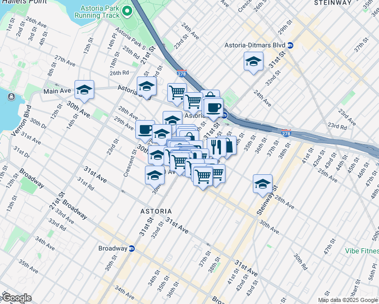 map of restaurants, bars, coffee shops, grocery stores, and more near 28-18 31st Street in Queens