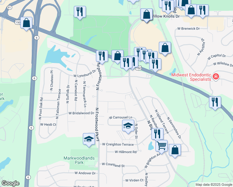 map of restaurants, bars, coffee shops, grocery stores, and more near 4056 West Hollow Creek Drive in Peoria