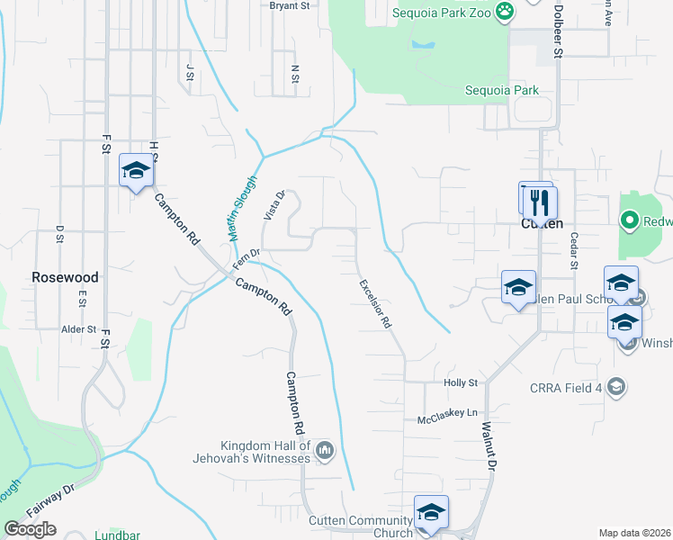 map of restaurants, bars, coffee shops, grocery stores, and more near 4080 Excelsior Rd in Eureka