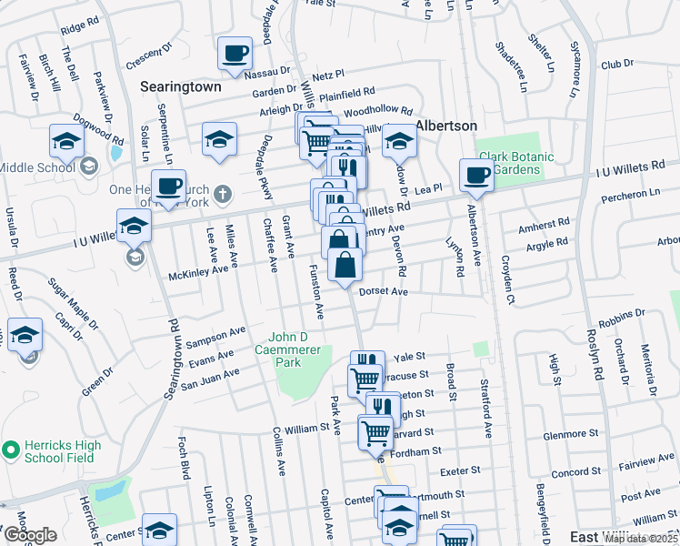 map of restaurants, bars, coffee shops, grocery stores, and more near 901 Willis Avenue in Albertson
