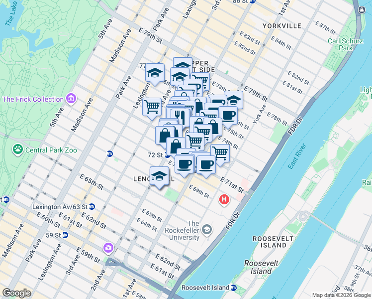 map of restaurants, bars, coffee shops, grocery stores, and more near 330 East 72nd Street in New York