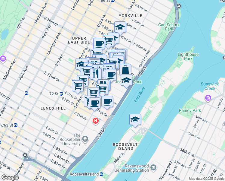 map of restaurants, bars, coffee shops, grocery stores, and more near 523 East 74th Street in New York