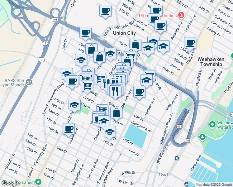 map of restaurants, bars, coffee shops, grocery stores, and more near 508 25th Street in Union City
