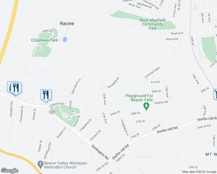 map of restaurants, bars, coffee shops, grocery stores, and more near 45 Sunnyhill Drive in Beaver Falls