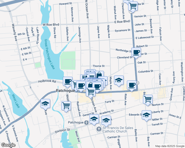map of restaurants, bars, coffee shops, grocery stores, and more near 36 Jayne Avenue in Patchogue