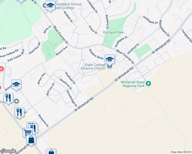 map of restaurants, bars, coffee shops, grocery stores, and more near 806 Greenwich Hill Drive in State College